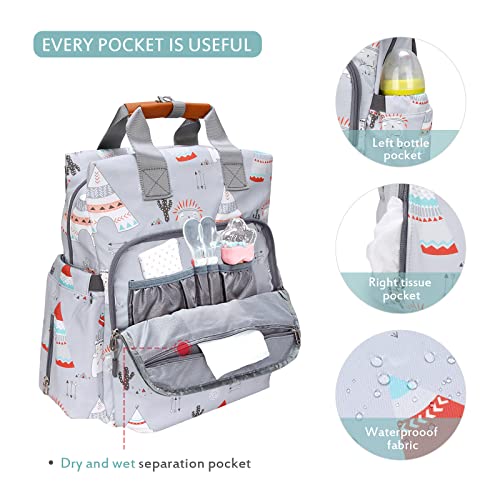 SONARIN Multifunción Mochila de Pañales para Bebé,Bolsa de Pañales Bolsa para Pañales de Viaje Gran Capacidad Impermeable Ligero con Cambiador y Ganchos Carrito Bebé para Mamá y Papá(Gris Claro)