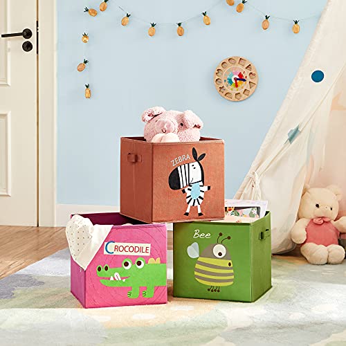 SONGMICS Caja organizadora Tela, Caja almacenaje Infantil, Juego de 3, Organizadora Juguete, Plegables con Asas, para habitación de niños, 30 x 30 x 30 cm, Tema Animal, Marrón, Verde y Rosa RFB702Y03