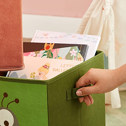 SONGMICS Caja organizadora Tela, Caja almacenaje Infantil, Juego de 3, Organizadora Juguete, Plegables con Asas, para habitación de niños, 30 x 30 x 30 cm, Tema Animal, Marrón, Verde y Rosa RFB702Y03