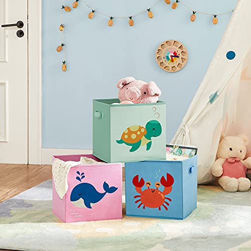 SONGMICS Caja organizadora Tela, Caja almacenaje Infantil, Juego de 3, Organizadora Juguete, Plegables con Asas, para habitación de niños, 30 x 30 x 30 cm, Tema del mar, Azul, Verde y Rosa RFB701Y03