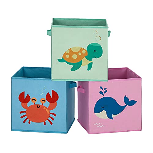 SONGMICS Caja organizadora Tela, Caja almacenaje Infantil, Juego de 3, Organizadora Juguete, Plegables con Asas, para habitación de niños, 30 x 30 x 30 cm, Tema del mar, Azul, Verde y Rosa RFB701Y03