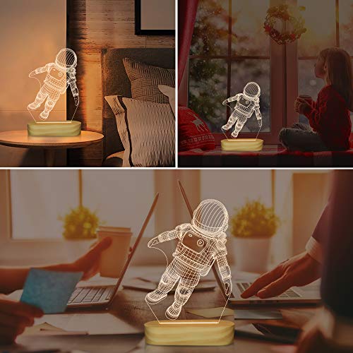 Spaceman Lámpara 3D Ilusión óptica Astronauta Luz nocturna para niños Niños Regalos de vacaciones geniales, USB Power Soft Warm White Colors Lámpara de base de madera