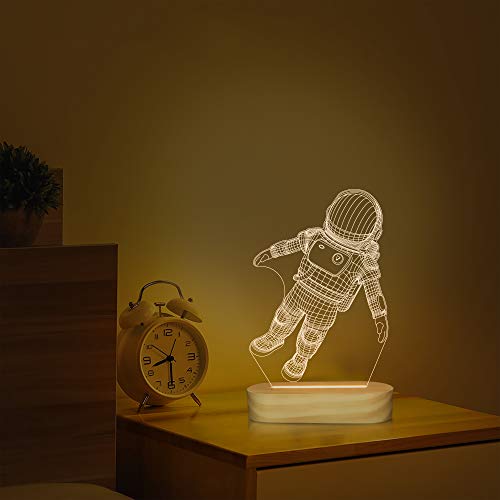 Spaceman Lámpara 3D Ilusión óptica Astronauta Luz nocturna para niños Niños Regalos de vacaciones geniales, USB Power Soft Warm White Colors Lámpara de base de madera