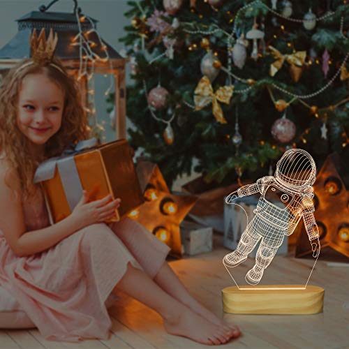 Spaceman Lámpara 3D Ilusión óptica Astronauta Luz nocturna para niños Niños Regalos de vacaciones geniales, USB Power Soft Warm White Colors Lámpara de base de madera