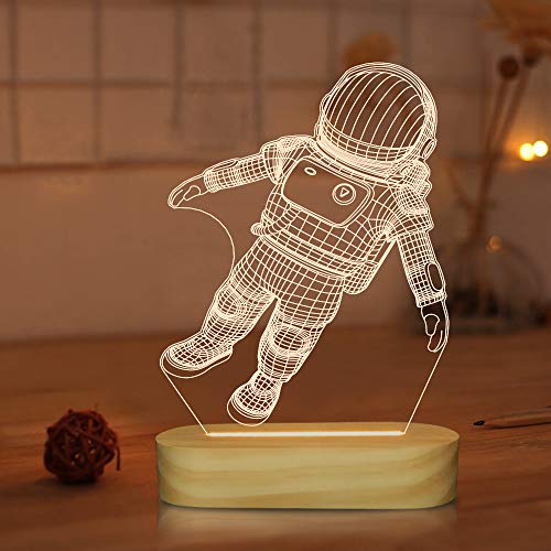 Spaceman Lámpara 3D Ilusión óptica Astronauta Luz nocturna para niños Niños Regalos de vacaciones geniales, USB Power Soft Warm White Colors Lámpara de base de madera