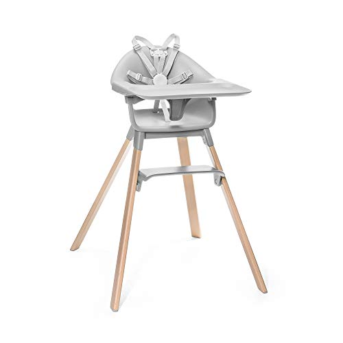 STOKKE® Clikk™ - Trona de madera con arnés y bandeja │ Silla de bebé para comer con asiento y reposapiés ajustables │ Portátil │ color: Cloud Grey