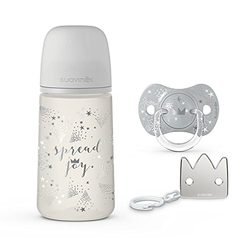 Suavinex, Pack Recién Nacido Sx Pro 0-6 Meses. Contiene: Biberón Anticólico de 270 ml Flujo Medio + Chupete Tétina Fisiológica Sx Pro en Silicona + Cadena Sujeta Chupete. 3 Productos. Spread Joy Gris