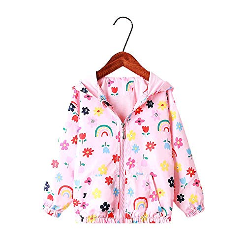 Surwin Chaqueta con Capucha Niña, Rompevientos Abrigos Deportivas Sudadera Cremallera Estampada Capa Encapuchada Chaqueta Tops Chaqueta Cortaviento para Bebés Niñas (Flor Arcoiris,120cm)