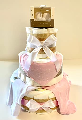 Tarta De Pañales DODOT y Conjunto Bebé 3 pisos Rosa - Regalo Original Para Recién Nacido - Incluye DEDICATORIA - Tarta Pañal Niña Bebé Con Ropa 0-6 meses (Rosa)