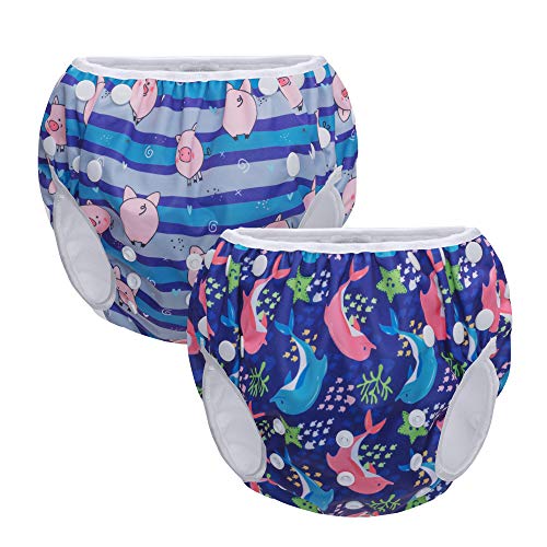 Teamoy Pañales bañadores (2 Piezas) Pañales de natación para bebés, Pañal de Baño Reutilizable, Bañador Pañal Tamaño Ajustable, Delfín + Cerdo Encantador