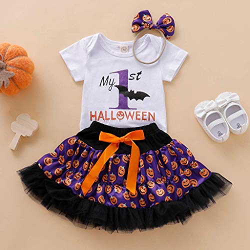 TKLLOVE Decoración de Halloween para niños, 2019 nuevos niños bebé niñas Halloween carta mameluco estampado calabaza falda diadema trajes | Body de bebé niños