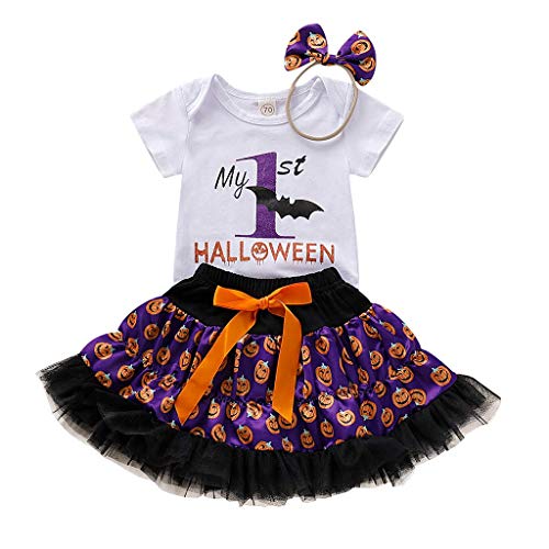 TKLLOVE Decoración de Halloween para niños, 2019 nuevos niños bebé niñas Halloween carta mameluco estampado calabaza falda diadema trajes | Body de bebé niños