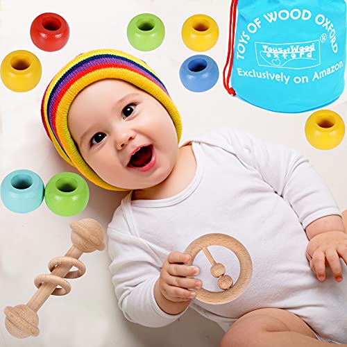 Toys of Wood Oxford Sonajeros de Madera Maracas Juguetes - orgánicos Que agarran la dentición Cuerda Musicales - Desarrollo sensorial del Cerebro - Regalo de Nacimiento niños niñas bebés 6 Meses