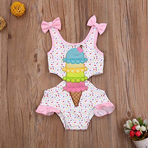 Traje de Baño para Niña con Estampado de Helado Bañador Completo de Cuello Redondo sin Mangas Ropa de Natación Ropa de Playa para Bebé Niña (Blanco, 6-12 Meses)