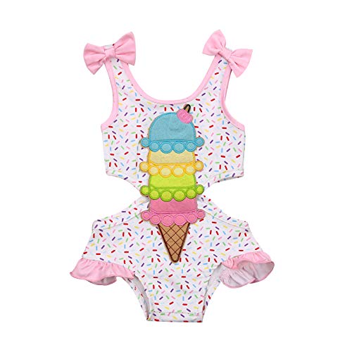 Traje de Baño para Niña con Estampado de Helado Bañador Completo de Cuello Redondo sin Mangas Ropa de Natación Ropa de Playa para Bebé Niña (Blanco, 6-12 Meses)