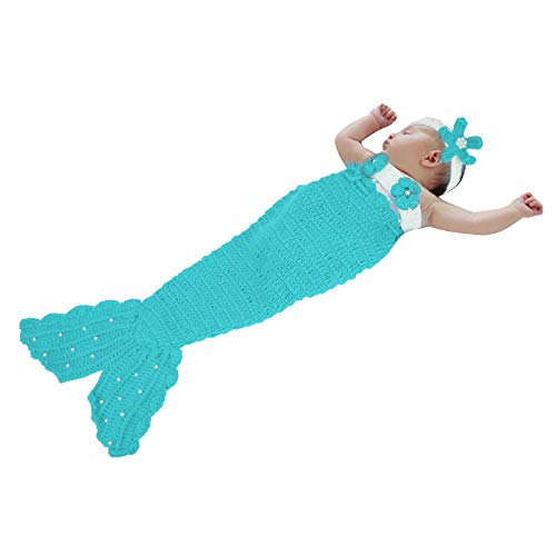 Traje de Ganchillo Tejido de Sirena, Bebé Recién Nacido, Niña/Niño, Saco de Dormir de Sirena de Lana, Ropa para Muñecas, Accesorios para Fotos de Bebés de 0 a 6 Meses (Azul Claro)