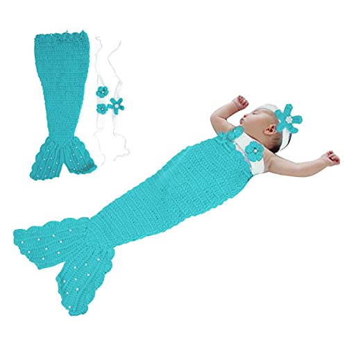 Traje de Ganchillo Tejido de Sirena, Bebé Recién Nacido, Niña/Niño, Saco de Dormir de Sirena de Lana, Ropa para Muñecas, Accesorios para Fotos de Bebés de 0 a 6 Meses (Azul Claro)