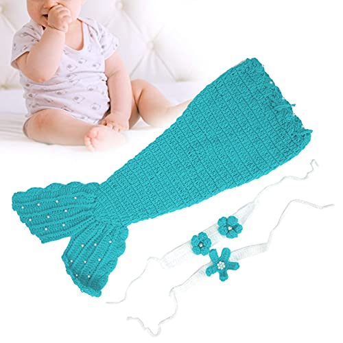 Traje de Ganchillo Tejido de Sirena, Bebé Recién Nacido, Niña/Niño, Saco de Dormir de Sirena de Lana, Ropa para Muñecas, Accesorios para Fotos de Bebés de 0 a 6 Meses (Azul Claro)