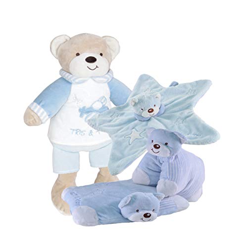 Tris & Ton Pack regalo recién nacido peluche (30cm) doudou estrella y cojín guarderia o cuna. Cesta original niño niña (trisyton) (celeste)