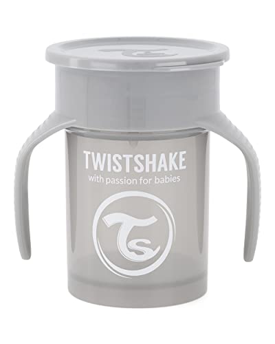 Twistshake 360 Cup Vaso Antiderrames Entrenamiento con Asas Bébé 230 ml, Borde a Prueba de Derrames de 360°, Ergonómicas Vasos con Boquilla, Taza de Aprendizaje, Sin BPA, 6+ Meses, Gris Pastel