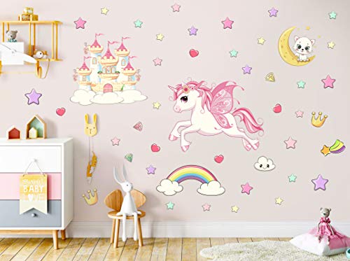 Unicornio Pegatinas Pared Decorativas Dormitorio Infantiles, Pegatina Pared Luminosas Estrellas Fluorescentes Techo Decoración Niña