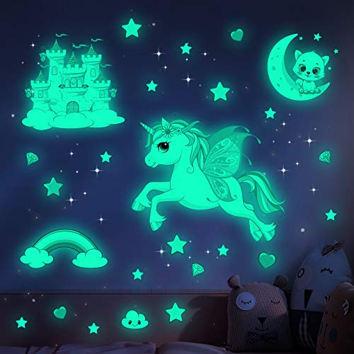 Unicornio Pegatinas Pared Decorativas Dormitorio Infantiles, Pegatina Pared Luminosas Estrellas Fluorescentes Techo Decoración Niña