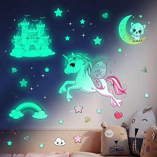 Unicornio Pegatinas Pared Decorativas Dormitorio Infantiles, Pegatina Pared Luminosas Estrellas Fluorescentes Techo Decoración Niña