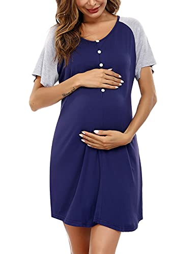 Uniexcosm Camison Embarazada, Camisón Maternidad Lactancia Algodon Camison Premamá Corta Camisón Lactancia Mangas Raglán con Botones Camisón con Cuello en V para Hospital Hogar Azul Oscuro M