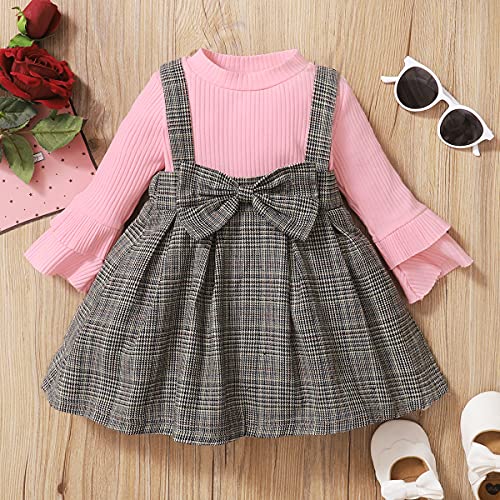 Vestido de suéter de punto acanalado de manga larga para niñas bebés Vestido de tutú con volantes a cuadros Vestido de una pieza Otoño Invierno ropa rosa 2-3 años