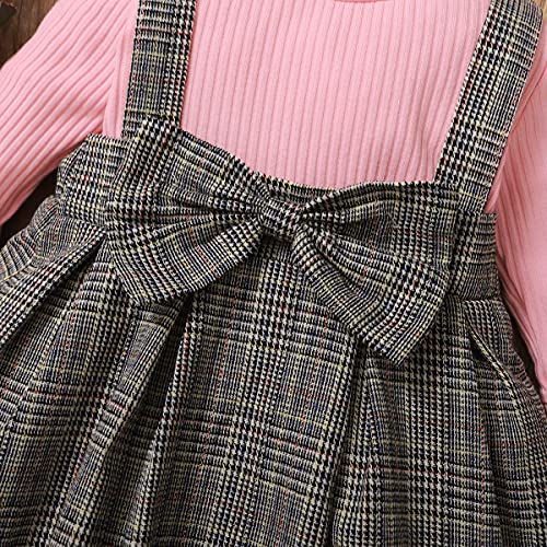 Vestido de suéter de punto acanalado de manga larga para niñas bebés Vestido de tutú con volantes a cuadros Vestido de una pieza Otoño Invierno ropa rosa 2-3 años