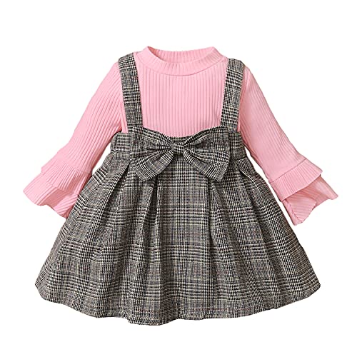 Vestido de suéter de punto acanalado de manga larga para niñas bebés Vestido de tutú con volantes a cuadros Vestido de una pieza Otoño Invierno ropa rosa 2-3 años