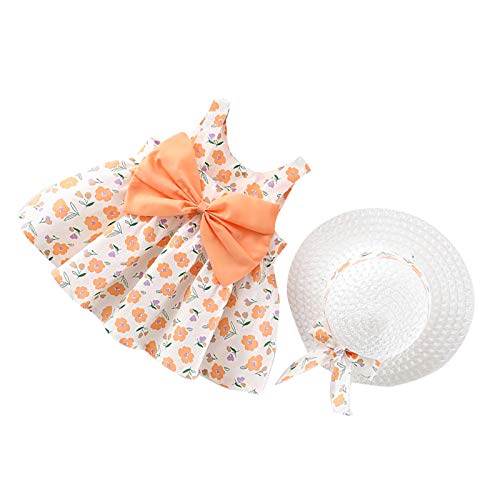 Vestido de Verano para niña Elegante Imprimiendo Arco sin Mangas Vestido De Princesa Vestidos Playa + Sombrero de Sol con Lazo Conjunto