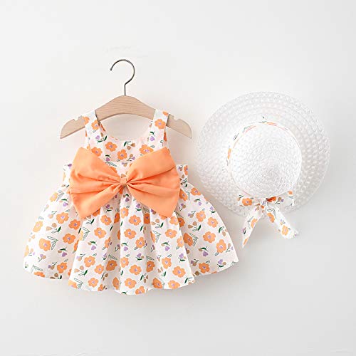 Vestido de Verano para niña Elegante Imprimiendo Arco sin Mangas Vestido De Princesa Vestidos Playa + Sombrero de Sol con Lazo Conjunto