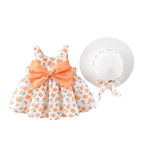 Vestido de Verano para niña Elegante Imprimiendo Arco sin Mangas Vestido De Princesa Vestidos Playa + Sombrero de Sol con Lazo Conjunto