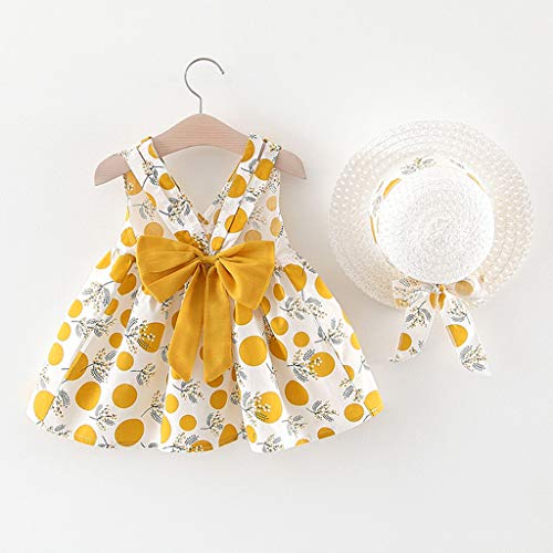 Vestido Niña Verano Playa y Sombrero para el Sol Bohemia Lunares Lazo Sin Mangas Ropa Bebe Niña Recien Nacido Bautizo Princesa Vestidos Bebe Niña Disfraz Ninas Vestir Chica (1# Amarillo, 12-18 Meses)