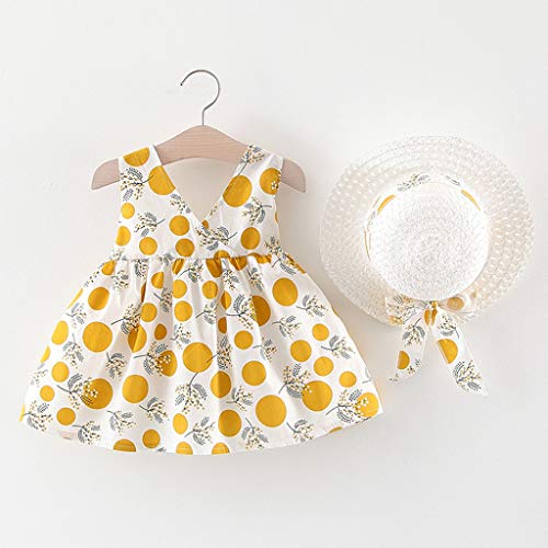 Vestido Niña Verano Playa y Sombrero para el Sol Bohemia Lunares Lazo Sin Mangas Ropa Bebe Niña Recien Nacido Bautizo Princesa Vestidos Bebe Niña Disfraz Ninas Vestir Chica (1# Amarillo, 12-18 Meses)