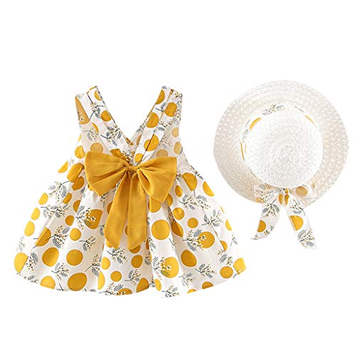 Vestido Niña Verano Playa y Sombrero para el Sol Bohemia Lunares Lazo Sin Mangas Ropa Bebe Niña Recien Nacido Bautizo Princesa Vestidos Bebe Niña Disfraz Ninas Vestir Chica (1# Amarillo, 12-18 Meses)