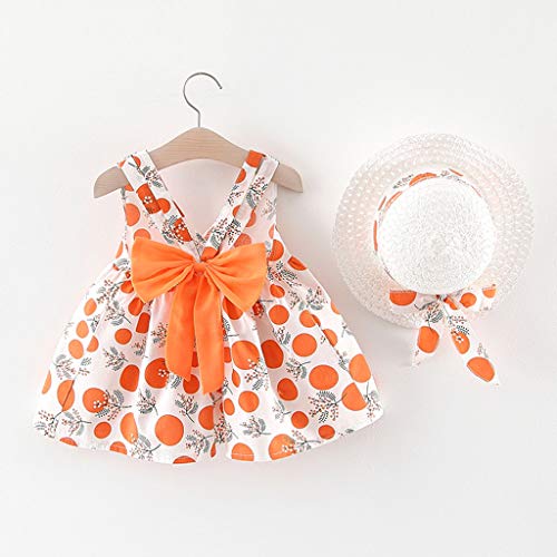 Vestido Niña Verano Playa y Sombrero para el Sol Bohemia Lunares Lazo Sin Mangas Ropa Bebe Niña Recien Nacido Bautizo Princesa Vestidos Bebe Niña Disfraz Ninas Vestir Chica (1# Naranja, 12-18 Meses)