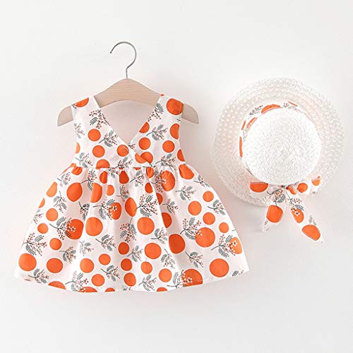 Vestido Niña Verano Playa y Sombrero para el Sol Bohemia Lunares Lazo Sin Mangas Ropa Bebe Niña Recien Nacido Bautizo Princesa Vestidos Bebe Niña Disfraz Ninas Vestir Chica (1# Naranja, 12-18 Meses)