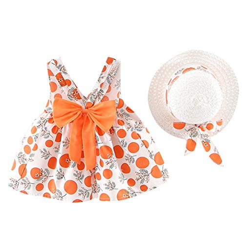 Vestido Niña Verano Playa y Sombrero para el Sol Bohemia Lunares Lazo Sin Mangas Ropa Bebe Niña Recien Nacido Bautizo Princesa Vestidos Bebe Niña Disfraz Ninas Vestir Chica (1# Naranja, 12-18 Meses)