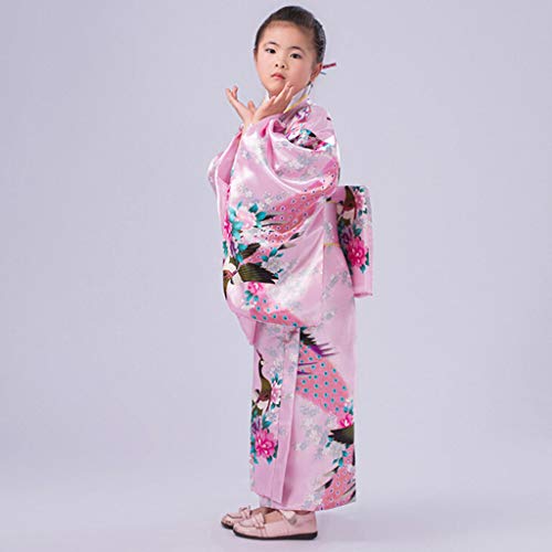 Vestido Niñas Kimono Japones Niños Vestidos para Niña Niños Yukata Tradicional Ropa Niña Satén Soft Flor Peacock Estampado Albornoces Pijamas para los Niños Fotografia Cosplay (Rosa, 7-8 años)