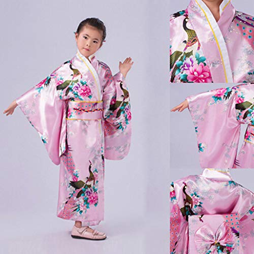 Vestido Niñas Kimono Japones Niños Vestidos para Niña Niños Yukata Tradicional Ropa Niña Satén Soft Flor Peacock Estampado Albornoces Pijamas para los Niños Fotografia Cosplay (Rosa, 7-8 años)