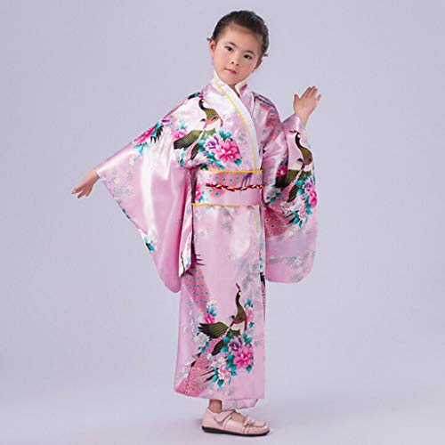 Vestido Niñas Kimono Japones Niños Vestidos para Niña Niños Yukata Tradicional Ropa Niña Satén Soft Flor Peacock Estampado Albornoces Pijamas para los Niños Fotografia Cosplay (Rosa, 7-8 años)