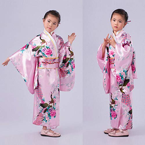 Vestido Niñas Kimono Japones Niños Vestidos para Niña Niños Yukata Tradicional Ropa Niña Satén Soft Flor Peacock Estampado Albornoces Pijamas para los Niños Fotografia Cosplay (Rosa, 7-8 años)