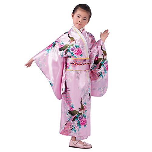 Vestido Niñas Kimono Japones Niños Vestidos para Niña Niños Yukata Tradicional Ropa Niña Satén Soft Flor Peacock Estampado Albornoces Pijamas para los Niños Fotografia Cosplay (Rosa, 7-8 años)