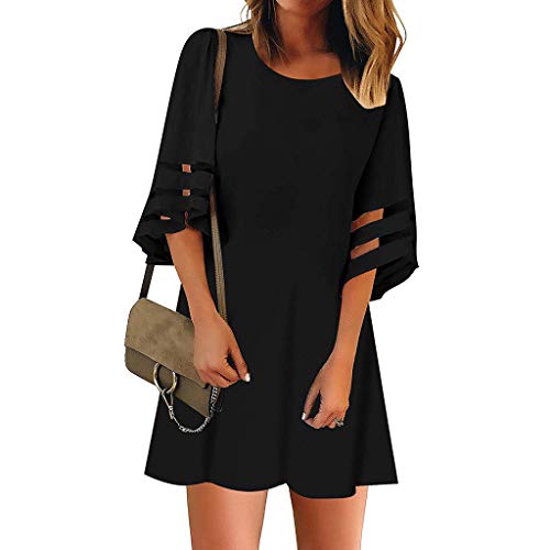 Vestidos Mujer Verano 2019 Nuevo SHOBDW Vestidos Casual Manga 3/4 Cuello Redondo Malla De Encaje Ahuecar Camisa Suelta Sexy Elegante Vestidos de Fiesta Mujer Cortos Talla Grande(Negro,XL)