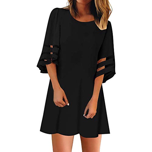 Vestidos Mujer Verano 2019 Nuevo SHOBDW Vestidos Casual Manga 3/4 Cuello Redondo Malla De Encaje Ahuecar Camisa Suelta Sexy Elegante Vestidos de Fiesta Mujer Cortos Talla Grande(Negro,XL)