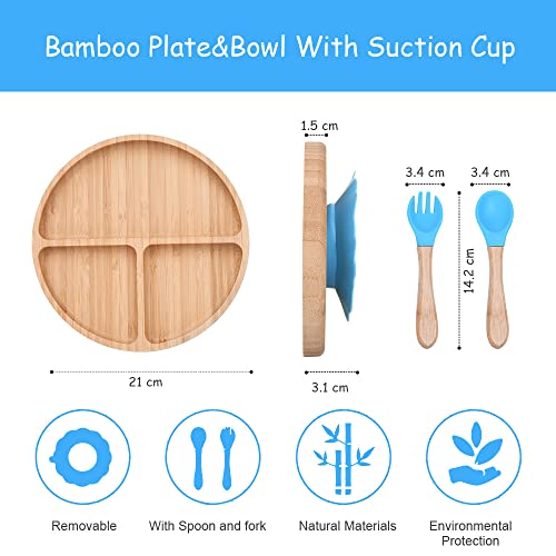 Vicloon Plato de Alimentación de Bambú con Tenedor y Cuchara para Bebés Juego de Cubiertos de Bambú con Ventosa para Bebés y Niños（Azul）