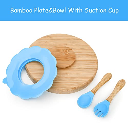 Vicloon Plato de Alimentación de Bambú con Tenedor y Cuchara para Bebés Juego de Cubiertos de Bambú con Ventosa para Bebés y Niños（Azul）