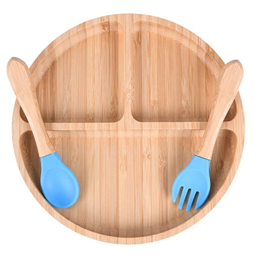 Vicloon Plato de Alimentación de Bambú con Tenedor y Cuchara para Bebés Juego de Cubiertos de Bambú con Ventosa para Bebés y Niños（Azul）